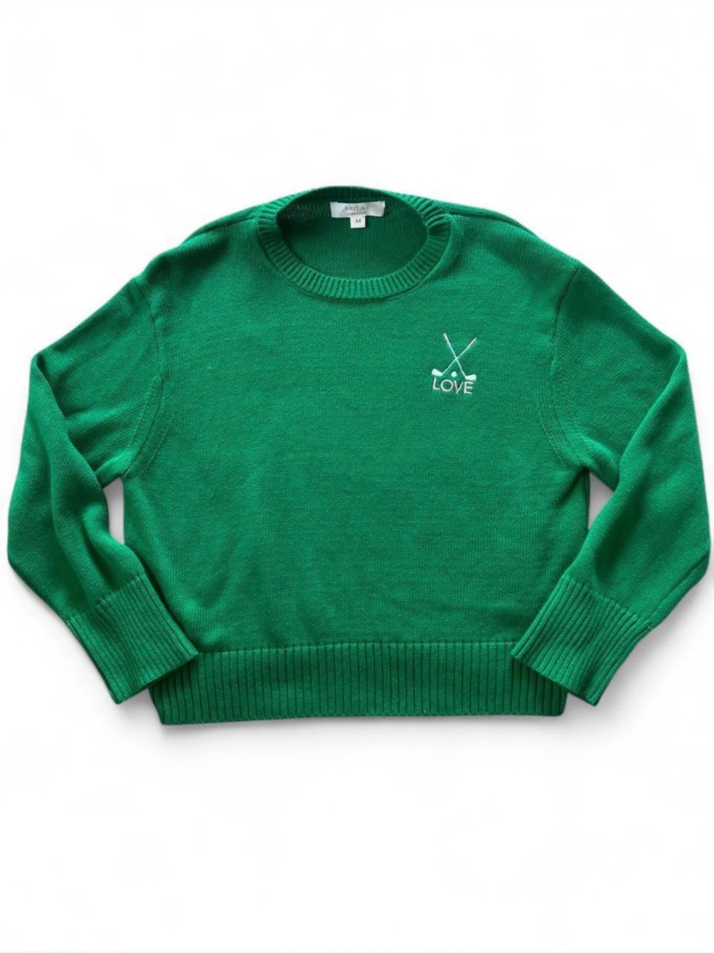 BRIT.NY Green Golf Love Embroidered Cotton Knit Crewneck Sweater Size M Preppy M